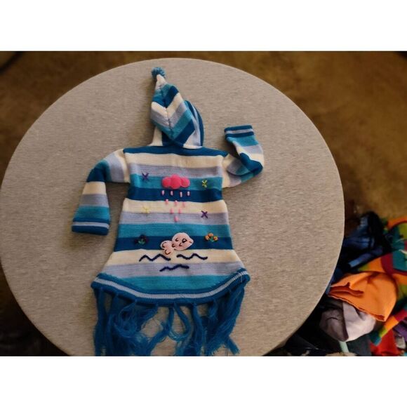 PERUVIAN HAND KNIT PATCHWORK HOODED PULLOVER SWEATER NEW - Picture 2 of 8